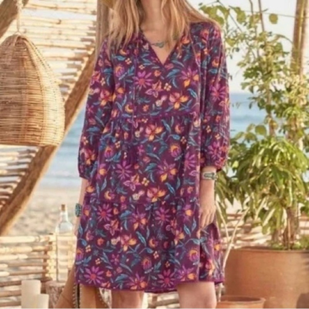Sundance Eternal Summer Floral Tasseled Tiered Cotton Tunic Dress boho beach L